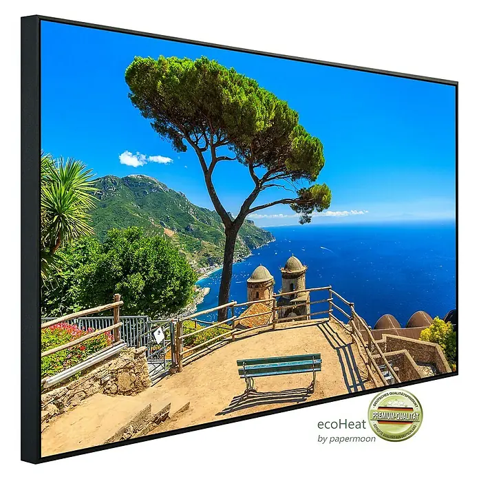 Papermoon Infrarot-Bildheizkörper Panorama Ravello Amalfi - 100 x 60 cm, 600 W - Wandbild mit Blick auf das Meer, eingerahmt in einem eleganten schwarzen Rahmen, ein echter Hingucker für jede Wand.