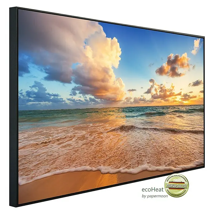 Papermoon Infrarot-Bildheizkörper Karibischer Strand - 100 x 60 cm, 600 W - Ein gerahmtes Wandbild von Ecoheat, das eine friedliche Strandszene bei Sonnenuntergang mit lebendigen Farben und ruhigen Wellen zeigt.