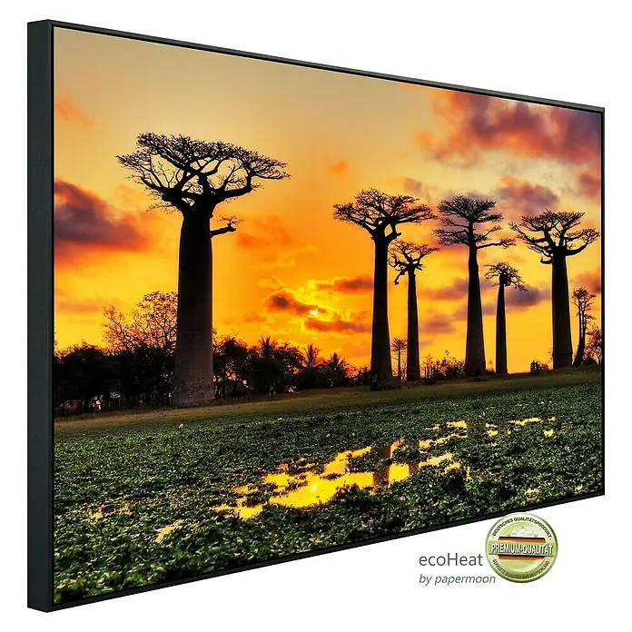 Papermoon Infrarot-Bildheizkörper Afrikanischer Sonnenuntergang - 120 x 60 cm, 1.200 W - Gerahmtes Wandbild mit Baumlandschaft bei Sonnenuntergang. Hochwertiger Druck mit satten Farben für eine stimmungsvolle Atmosphäre.