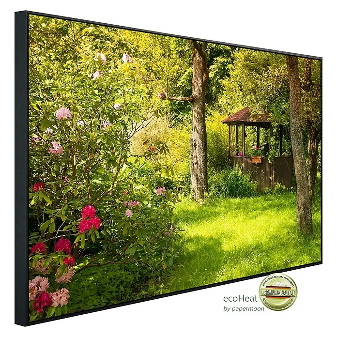 Papermoon Infrarot-Bildheizkörper Magischer Garten - 60 x 50 cm, 350 W - Das gerahmte Wandbild zeigt einen Garten mit einem Pavillon und Rhododendren in voller Blüte, eine hochwertige Dekoration für jeden Raum.