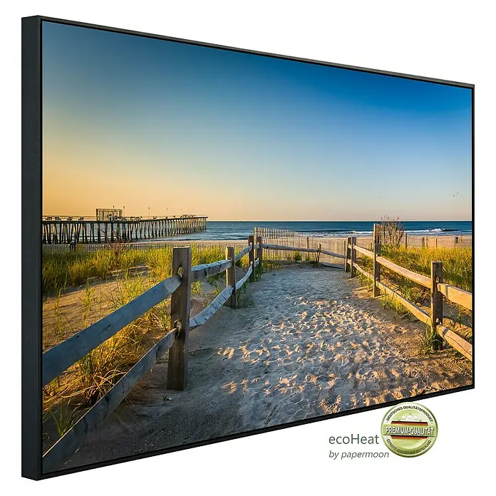 Papermoon Infrarot-Bildheizkörper Dünen Atlantik - 90 x 50 cm, 450 W - Leinwandbild mit Strandmotiv und Weg zum Meer, eingerahmt und hochwertig.