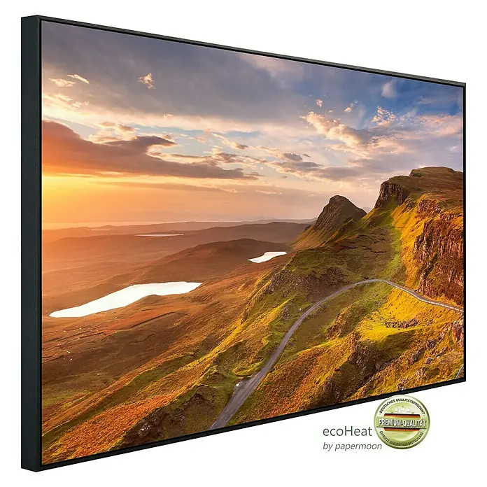 Papermoon Infrarot-Bildheizkörper Sonnenaufgang auf der Insel Quiraing - 100 x 60 cm, 600 W - EcoHeat Infrarotheizung mit atemberaubendem Landschaftsmotiv. Hochwertige, energieeffiziente Heizlösung für Ihr Zuhause.