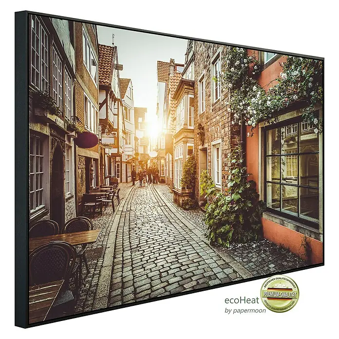 Papermoon Infrarot-Bildheizkörper Altstadt in Belgien - 90 x 50 cm, 450 W - Gerahmtes Wandbild mit einer Gasse in einer Stadt, die eine attraktive Premium-Qualität bietet und ein stimmungsvolles Ambiente schafft.