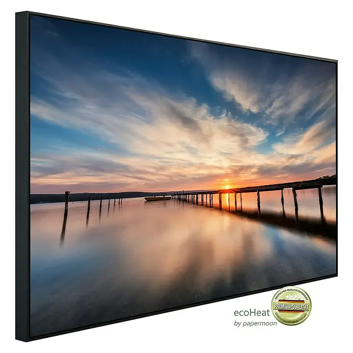 Papermoon Infrarot-Bildheizkörper Lake Sunset Wooden Pier100 x 60 cm, 600 W - Das EcoHeat Wandbild mit dem beruhigenden See-Motiv bringt eine entspannende Atmosphäre in jeden Raum. Hochwertige Qualität für Ihr Zuhause!