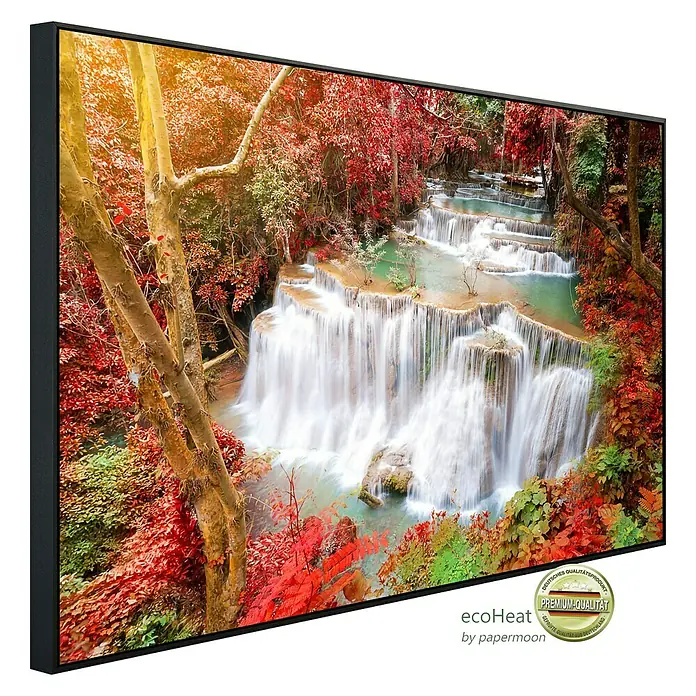 Papermoon Infrarot-Bildheizkörper Huay Mae Kamin Herbst Wasserfall - 120 x 60 cm, 1.000 W - Ein gerahmtes Wandbild mit einem Wasserfall, umgeben von üppiger Herbstvegetation, verleiht jedem Raum eine natürliche Note.