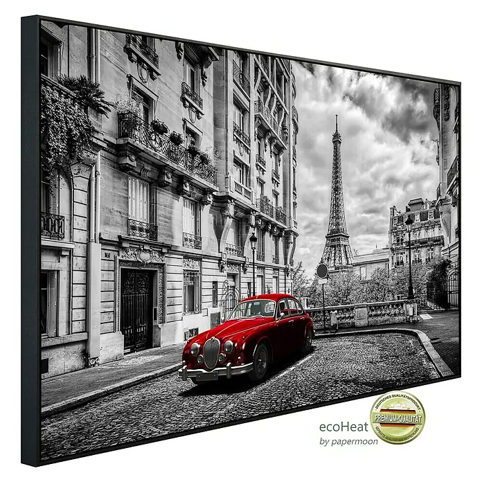 Papermoon Infrarot-Bildheizkörper Pariser Eiffelturm 2 - 100 x 60 cm, 600 W - Schwarz-Weiß-Foto mit rotem Oldtimer und Eiffelturm im Hintergrund, ein Premium-Qualitätsprodukt.