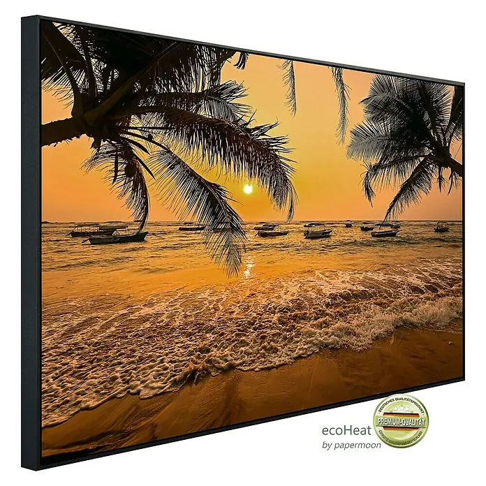 Papermoon Infrarot-Bildheizkörper Sri Lanka Palm Beach - 60 x 50 cm, 350 W - Exotisches Wandbild mit Palmen und Sonnenuntergang im schwarzen Rahmen. Premium-Qualität für Ihr Zuhause, ein echter Hingucker.