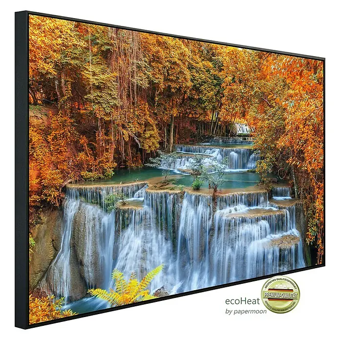 Papermoon Infrarot-Bildheizkörper Herbst Wasserfall Thailand - 120 x 60 cm, 1.000 W - Das gerahmte Wandbild „Wasserfall im Herbstwald“ mit dem Naturmotiv verleiht jedem Raum eine entspannende Atmosphäre.