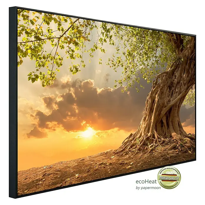 Papermoon Infrarot-Bildheizkörper Alter Baum im Sonnenuntergang - 120 x 60 cm, 1.000 W - Hochwertige Infrarotheizung mit Baum-Motiv, gerahmt. Ideal für eine angenehme Wärme und stilvolle Dekoration in Ihrem Zuhause.