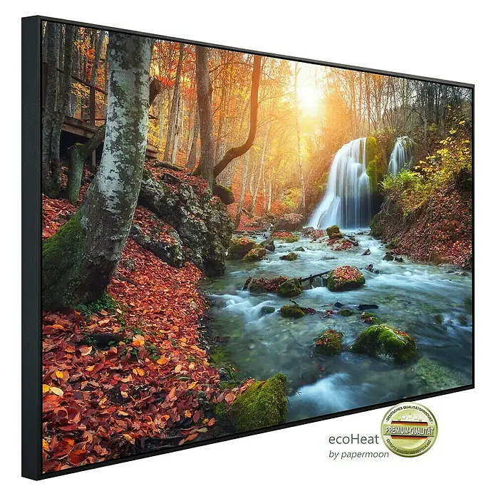 Papermoon Infrarot-Bildheizkörper Mountain River Autun Wasserfall - 120 x 60 cm, 1.000 W - Ein gerahmtes Bild mit einem Wasserfall im Herbstwald, das die Premium-Qualität und das Design des Produkts hervorhebt.