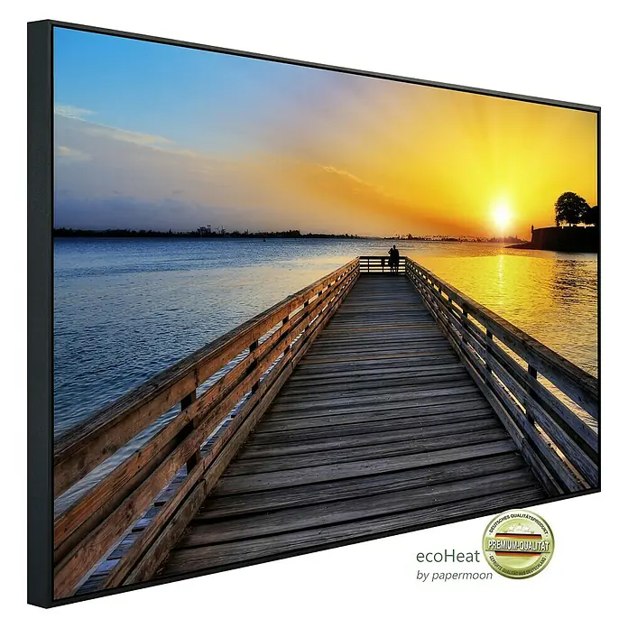 Papermoon Infrarot-Bildheizkörper Romantischer Steg San Juan - 60 x 50 cm, 350 W - Hochwertiges Ecoheat-Produkt mit Sonnenuntergangsmotiv auf Leinwand. Premium-Qualität für Ihr Zuhause, ein echter Hingucker.
