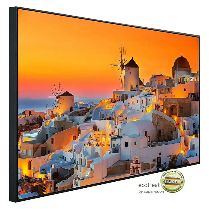 Papermoon Infrarot-Bildheizkörper Santorini Sonnenuntergang 2 - 120 x 60 cm, 1.000 W - Das Bild zeigt einen modernen Heizkörper mit einem farbenfrohen Motiv einer griechischen Landschaft, ideal für stilvolle Wärme.