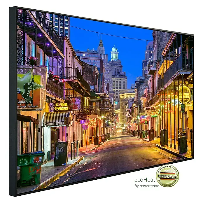 Papermoon Infrarot-Bildheizkörper Bourbon Street New Orleans - 60 x 50 cm, 350 W - Wandbild mit Blick auf eine belebte Straße in New Orleans bei Nacht, gerahmt und fertig zum Aufhängen.