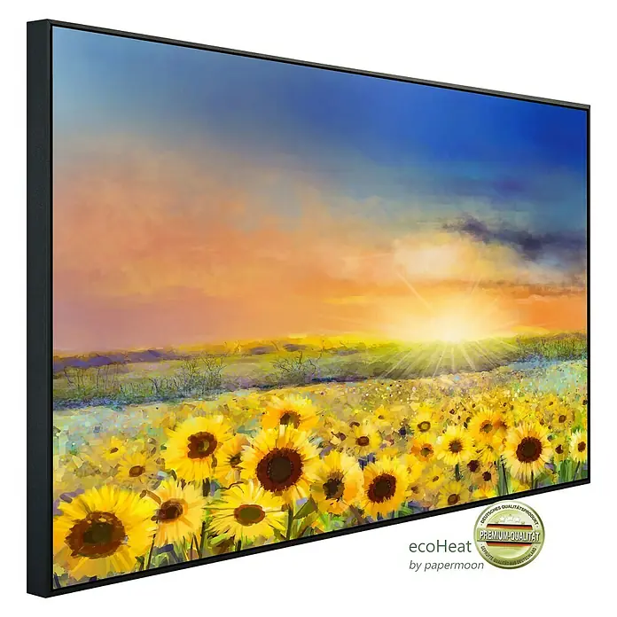 Papermoon Infrarot-Bildheizkörper Sonnenblumen malen - 120 x 60 cm, 1.000 W - Nahaufnahme eines EcoHeat-Infrarotheizpaneels mit Sonnenblumenmotiv und schwarzem Rahmen, ideal für behagliche Wärme.