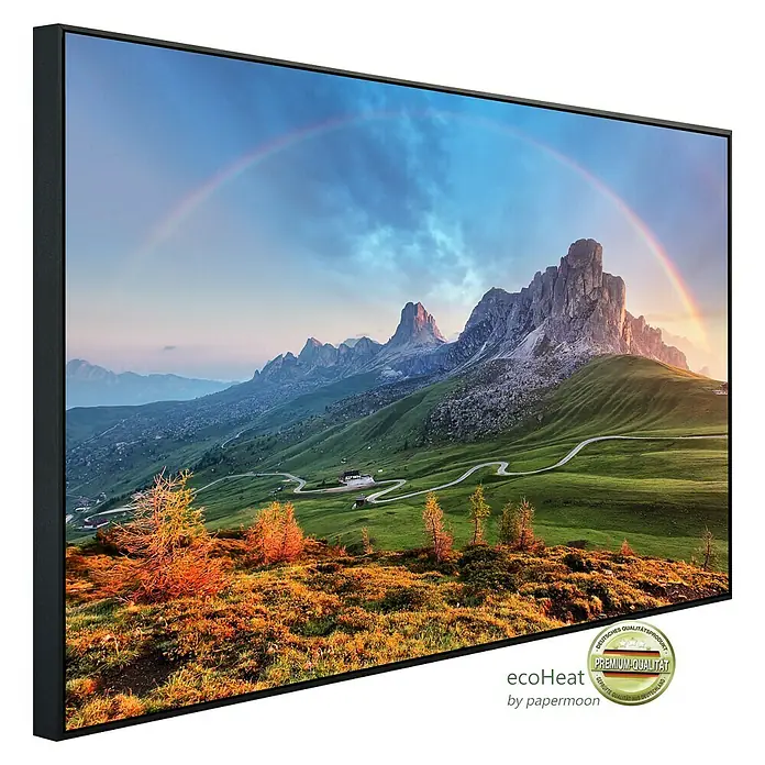 Papermoon Infrarot-Bildheizkörper Bergregenbogen - 100 x 60 cm, 800 W - Das Ecoheat-Infrarot-Heizpaneel mit atemberaubendem Bergpanorama und Regenbogen, ein Premium-Qualitätsprodukt für behagliche Wärme.