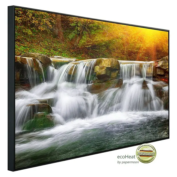Papermoon Infrarot-Bildheizkörper Bergwasserfall - 90 x 50 cm, 450 W - Hochwertiges Leinwandbild eines Wasserfalls im Wald, gerahmt und fertig zum Aufhängen. Premium-Qualität für Ihr Zuhause.