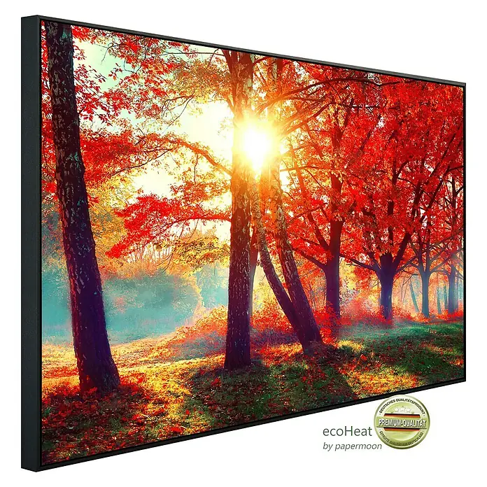Papermoon Infrarot-Bildheizkörper Herbstpark - 90 x 50 cm, 450 W - Nahaufnahme einer EcoHeat-Infrarotheizung mit einem malerischen Herbstwaldmotiv, gerahmt und bereit zur stilvollen Wandmontage.