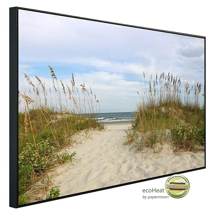 Papermoon Infrarot-Bildheizkörper Dünen Huntington Beach - 100 x 60 cm, 800 W - Ein gerahmtes Wandbild, das einen Sandweg zum Strand mit Dünen und Gräsern zeigt, wodurch ein idyllischer Küstenblick entsteht.