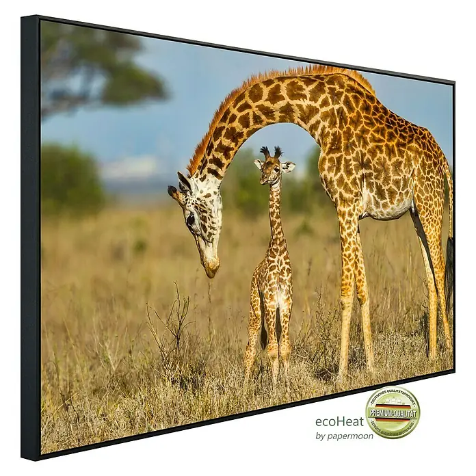 Papermoon Infrarot-Bildheizkörper Massai Giraffe die Baby schützt - 100 x 60 cm, 600 W - Ein gerahmtes Gemälde mit einer Giraffenmutter und ihrem Baby in der afrikanischen Savanne, ein hochwertiges Wandkunstwerk.