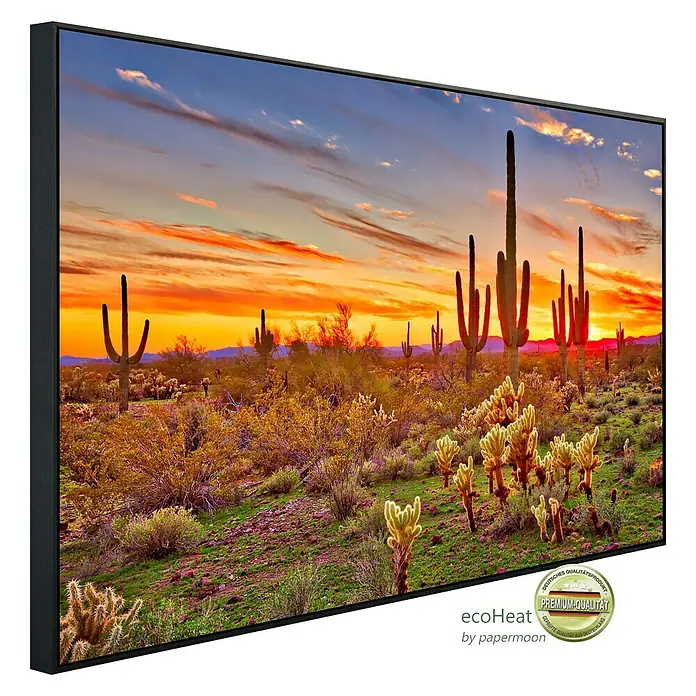 Papermoon Infrarot-Bildheizkörper Saguaros Sunset Phoenix - 100 x 60 cm, 800 W - Wandbild mit Wüstenlandschaft bei Sonnenuntergang, gerahmt, für eine stilvolle Dekoration Ihres Zuhauses.