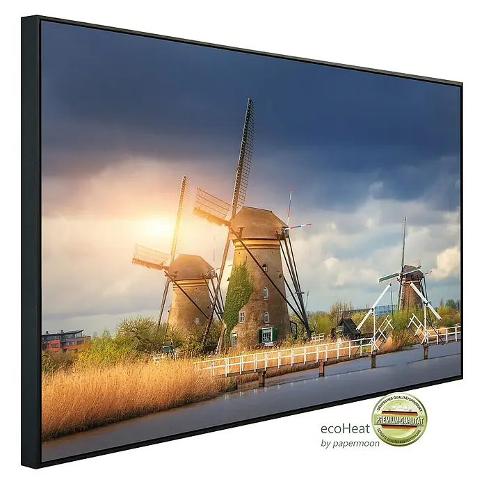 Papermoon Infrarot-Bildheizkörper Windmühlen Kinderdijk Sonnenuntergang - 100 cm x 600 mm, 600 W - Das Infrarot-Heizpaneel zeigt Windmühlen in einer malerischen Landschaft, umgeben von goldfarbenem Schilf. Ideal für behagliche Wärme.