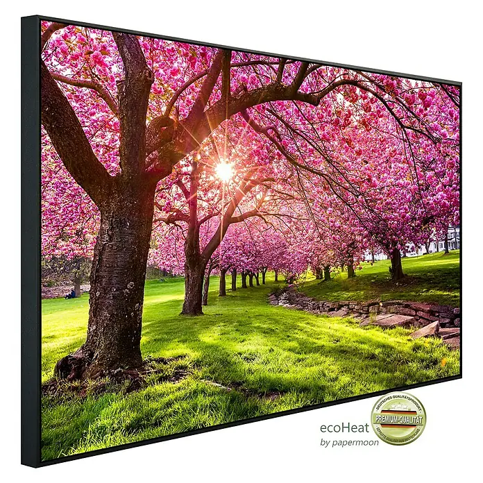 Papermoon Infrarot-Bildheizkörper Kirschbaumblüte - 100 x 60 cm, 800 W - Das EcoHeat Infrarot-Heizpaneel mit blühenden Kirschbäumen bringt Wärme und Frühlingsflair in Ihr Zuhause. Hochwertiges Design und angenehme Wärme.
