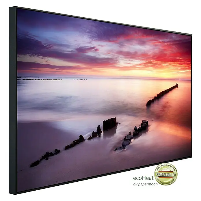 Papermoon Infrarot-Bildheizkörper Ocean Beach bei Sonnenuntergang - 100 x 60 cm, 600 W - Gerahmtes Ecoheat-Wandbild mit einem ruhigen Sonnenuntergang am Strand, das eine warme und entspannende Atmosphäre schafft.