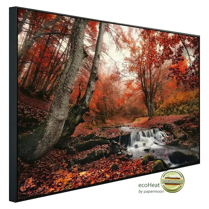 Papermoon Infrarot-Bildheizkörper Nebeliger Waldbach - 90 x 50 cm, 450 W - Ein gerahmtes Wandbild, das einen malerischen Herbstwald mit Wasserfall zeigt, perfekt für eine stimmungsvolle Raumgestaltung.
