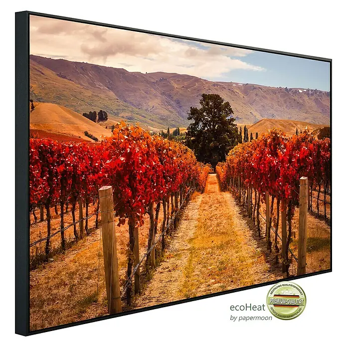 Papermoon Infrarot-Bildheizkörper Herbst Weinberg - 120 x 60 cm, 1.000 W - Dieses gerahmte EcoHeat-Paneel zeigt einen Weinberg im Herbst mit rotem Laub und Bergen im Hintergrund. Premium Qualität.