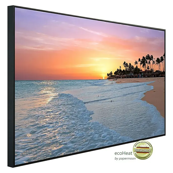 Papermoon Infrarot-Bildheizkörper Aruba Beach Sonnenuntergang - 120 x 60 cm, 1.000 W - Ein stilvolles Infrarot-Heizpaneel mit einem friedlichen Strandmotiv. Perfekt für eine angenehme Wärme und eine entspannende Atmosphäre.