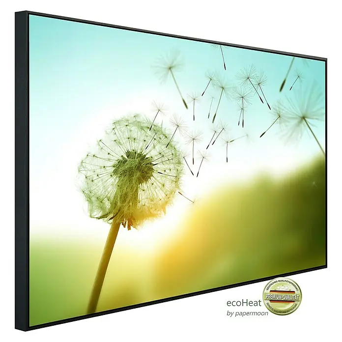 Papermoon Infrarot-Bildheizkörper Löwenzahn im Wind 2 - 60 x 50 cm, 350 W - EcoHeat Infrarotheizung mit einem Motiv aus Pusteblumen, die im Wind schweben, für eine angenehme und effiziente Wärmeverteilung.