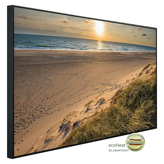 Papermoon Infrarot-Bildheizkörper Dunes Beach Jütland - 60 x 50 cm, 350 W - Dieses Bild zeigt eine Leinwand mit einem Strandmotiv im Sonnenuntergang, ein elegantes Dekoelement.