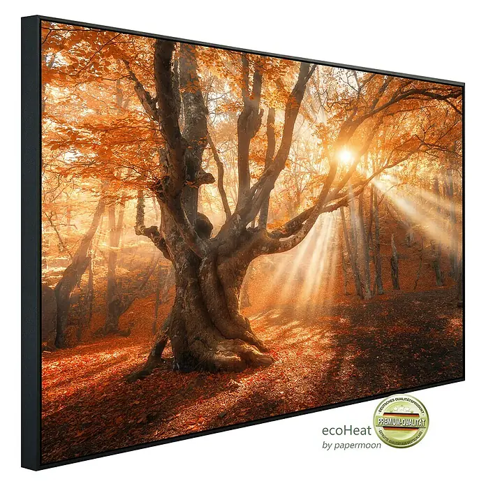 Papermoon Infrarot-Bildheizkörper Magischer alter Baum 2 - 120 x 60 cm, 1.200 W - Produktbild: Ein gerahmtes Gemälde mit einem Baum in einem herbstlichen Wald, Sonnenstrahlen dringen durch das Blätterdach. Premium Qualität.