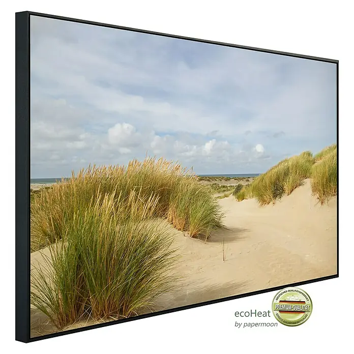 Papermoon Infrarot-Bildheizkörper Dünengras 2 - 120 x 60 cm, 1.200 W - Ecoheat-Heizpaneel mit Strandlandschaft. Hochwertiges Design mit Dünen und Meerblick, ideal für stilvolle Wärme.
