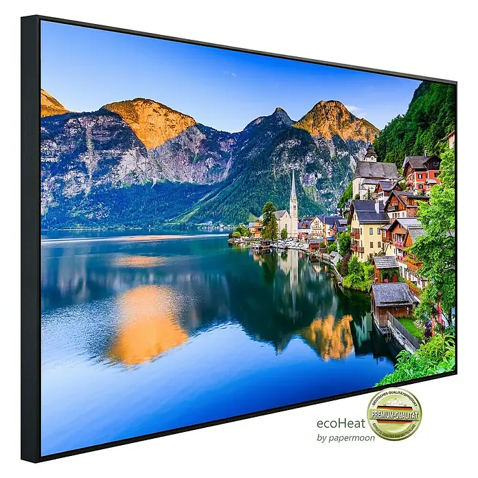 Papermoon Infrarot-Bildheizkörper Hallstatt Österreich - 90 x 50 cm, 450 W - Das Bild zeigt einen modernen Infrarotheizkörper mit einem idyllischen Bergseebild, der Wärme und Ästhetik vereint.