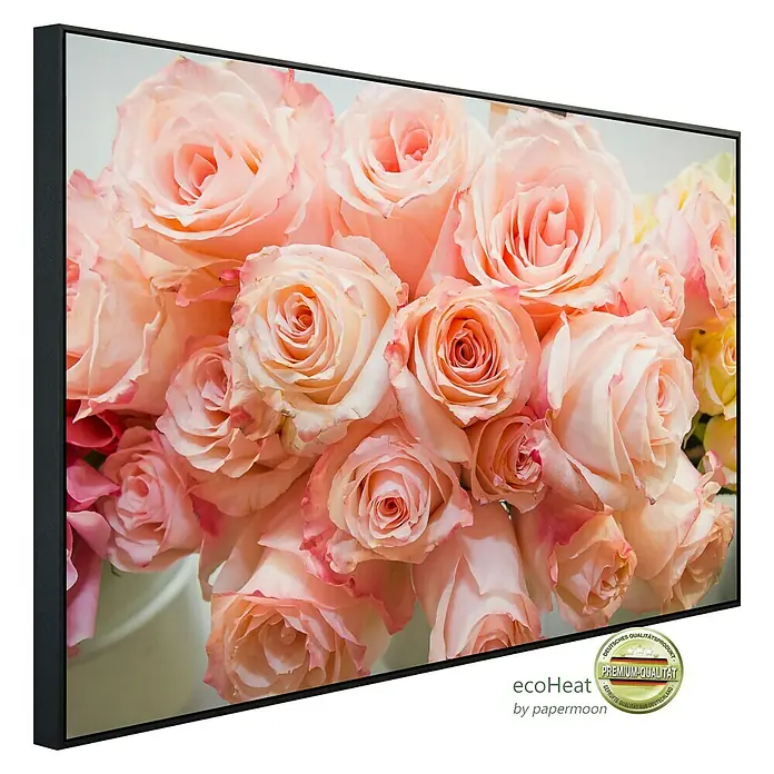 Papermoon Infrarot-Bildheizkörper Rosa Rosen 3 - 60 x 50 cm, 350 W - Nahaufnahme des EcoHeat-Heizpaneels mit Rosenmotiv, gerahmt in elegantem Schwarz, sorgt für Wärme und stilvolles Ambiente.
