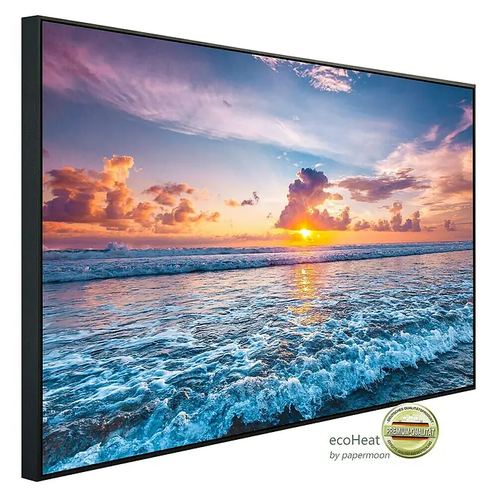 Papermoon Infrarot-Bildheizkörper Ocean Sunset Beach - 120 x 60 cm, 1.200 W - Das Bild zeigt eine Ecoheat-Heizung mit einem beruhigenden Strandmotiv. Ein echtes Premium-Qualitätsprodukt, das Komfort und Design vereint.