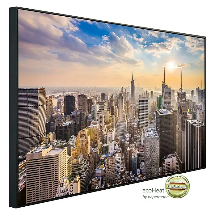 Papermoon Infrarot-Bildheizkörper Manhattan Skyline 1 - 120 cm x 600 mm, 1.200 W - Das Bild zeigt eine gerahmte Leinwand mit einer Skyline von New York City bei Sonnenuntergang. Das Produkt ist von hoher Qualität und sorgfältig verarbeitet.