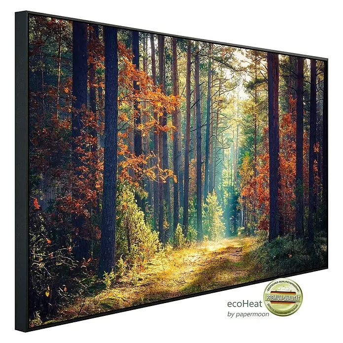 Papermoon Infrarot-Bildheizkörper Herbstwald Sonnenstrahlen - 90 cm x 500 mm, 450 W - Das gerahmte Wandbild zeigt einen Waldweg im Herbst mit warmem Lichtspiel, eine hochwertige Dekoration für Ihr Zuhause.