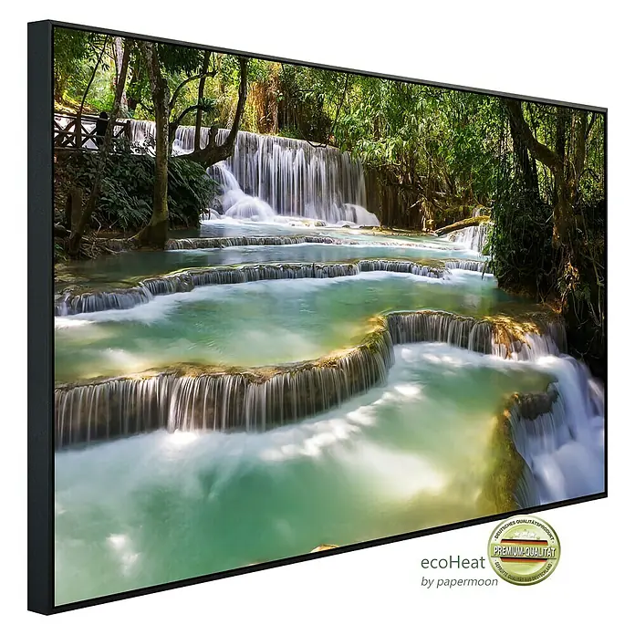 Papermoon Infrarot-Bildheizkörper Waldwasserfall Laos - 100 x 60 cm, 800 W - EcoHeat Heizpaneel mit Wasserfallmotiv. Elegantes Design, hohe Effizienz. Ideal für stilvolle Wärme.