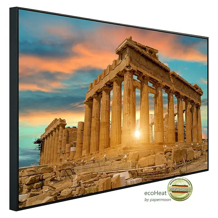 Papermoon Infrarot-Bildheizkörper Parthenon Athen 2 - 90 x 50 cm, 450 W - Das Infrarot-Heizpaneel zeigt den Parthenon-Tempel in Athen bei Sonnenuntergang. Premium-Qualität für angenehme Wärme.