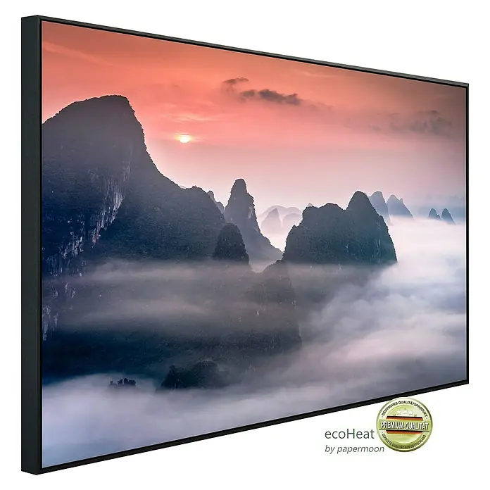 Papermoon Infrarot-Bildheizkörper Karstgebirge in Guilin China - 60 x 50 cm, 350 W - Dieses Bild zeigt ein EcoHeat Heizpaneel mit Berglandschaft bei Sonnenaufgang. Premium-Qualität für Ihr Zuhause.