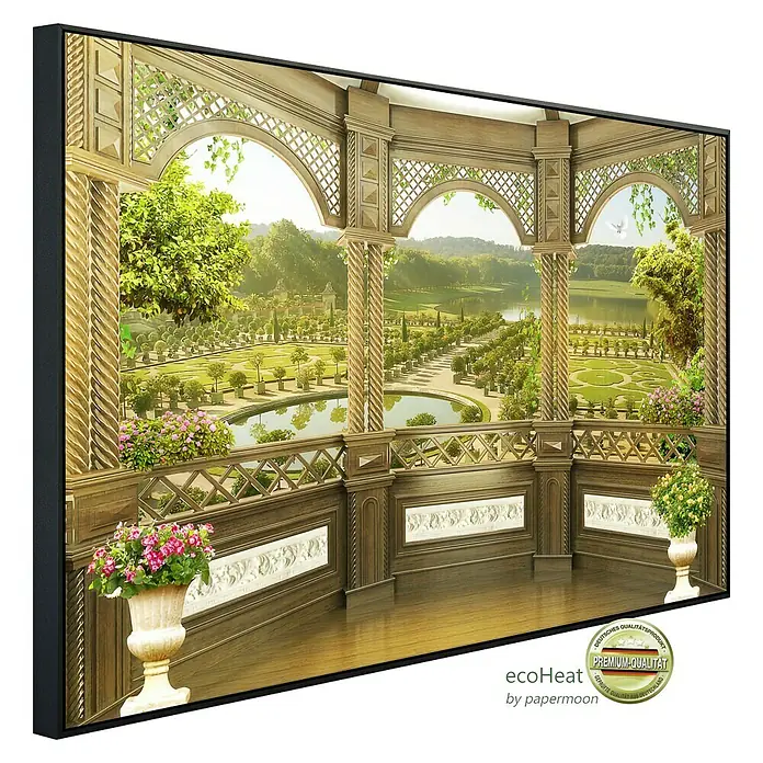 Papermoon Infrarot-Bildheizkörper Fresko Gartenterrasse - 100 x 60 cm, 600 W - Wandbild mit Gartenmotiv.