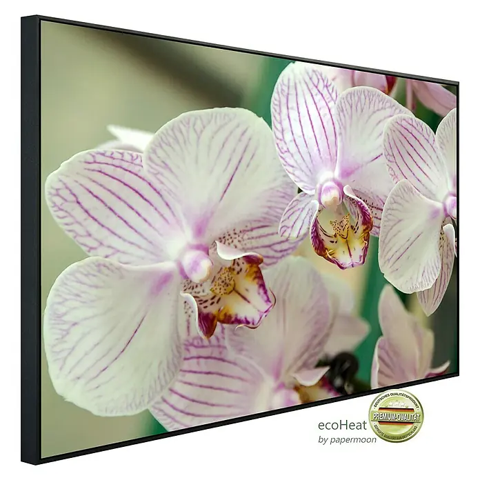 Papermoon Infrarot-Bildheizkörper Weiße Orchidee - 120 x 60 cm, 1.000 W - Nahaufnahme eines EcoHeat-Infrarot-Heizpaneels mit Orchideenmotiv, ideal für eine stilvolle und effiziente Raumheizung.