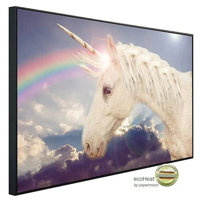 Papermoon Infrarot-Bildheizkörper Einhorn Regenbogen - 60 x 50 cm, 350 W - Wandbild mit einem Einhorn vor einem Regenbogen, gerahmt in einem schlichten, modernen schwarzen Rahmen. Dekoratives und hochwertiges Design.