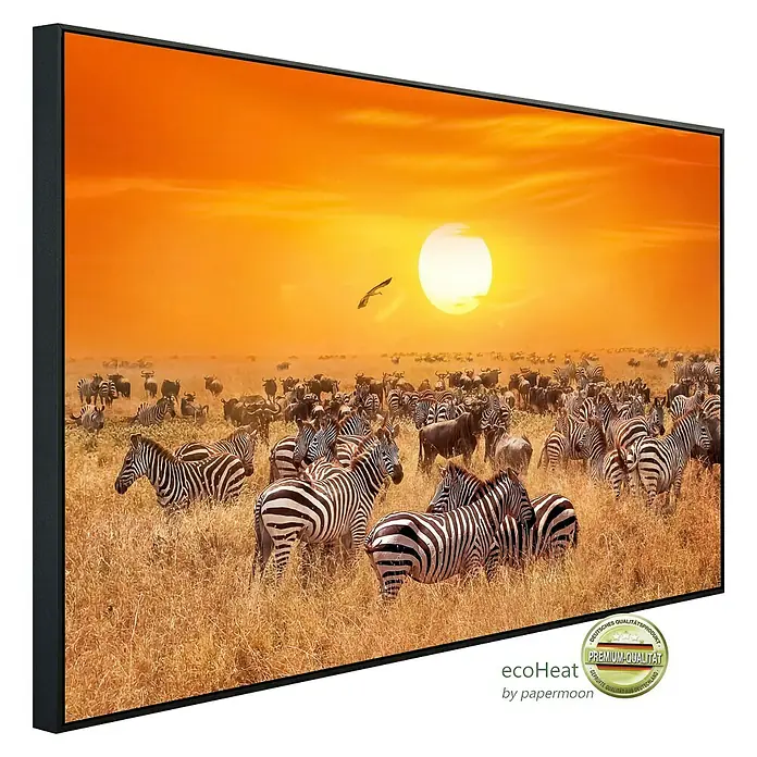 Papermoon Infrarot-Bildheizkörper Afrikanische Antilopen und Zebras - 90 x 50 cm, 450 W - EcoHeat Infrarotpaneel mit Zebras in der Savanne. Hochwertiges Infrarot-Heizpaneel für angenehme Wärme und stilvolles Design.