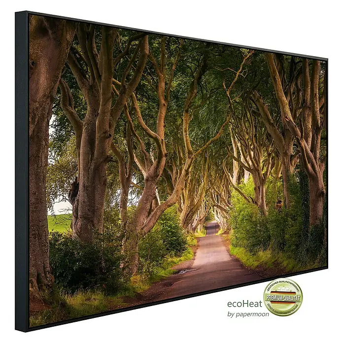 Papermoon Infrarot-Bildheizkörper Baumtunnel der dunklen Hecken - 90 x 50 cm, 450 W - Das Foto zeigt ein gerahmtes Wandbild der Dark Hedges, ein Motiv für Kunstliebhaber und Naturfreunde.