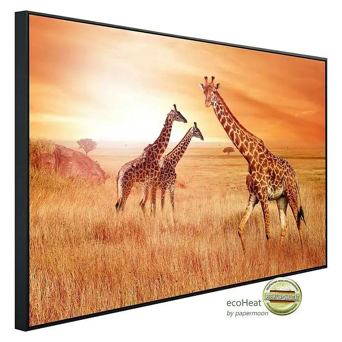 Papermoon Infrarot-Bildheizkörper Afrikanische Giraffen - 60 x 50 cm, 350 W - Elegante Ecoheat-Infrarotheizung mit einem stimmungsvollen Giraffen-Motiv, ideal für ein behagliches Ambiente und effiziente Wärme.