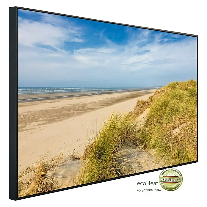 Papermoon Infrarot-Bildheizkörper Dunes Touquet - 90 x 50 cm, 450 W - Nahaufnahme eines EcoHeat Infrarotheizbildes, das eine malerische Küstenlandschaft mit Sanddünen und blauem Himmel zeigt.