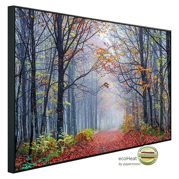 Papermoon Infrarot-Bildheizkörper Neblige Herbstwaldstraße - 120 x 60 cm, 1.200 W - Das EcoHeat Heizpaneel mit einem Bild eines Herbstwaldes bringt Wärme und eine natürliche Atmosphäre in Ihr Zuhause.